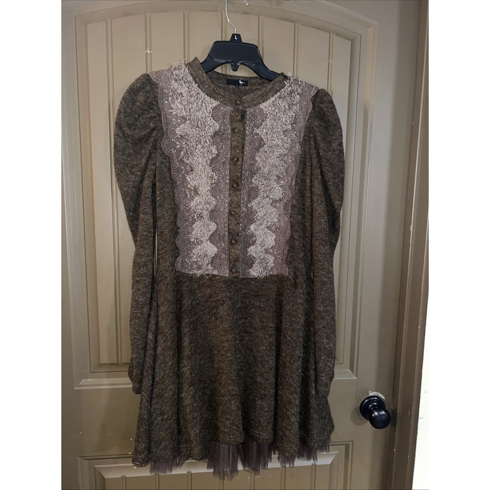 RYU Dress Womens Large brown Sheer Lace Ruffled Bottom Long Sleeve